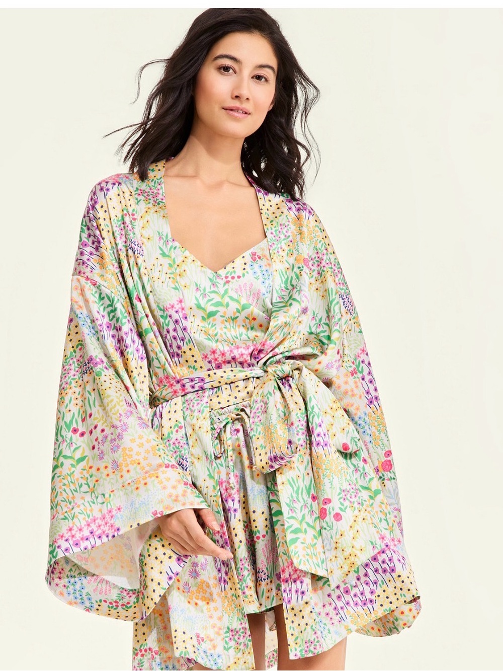 Macy's Floral Satin Kimono Robe in Mint, Lavender, Pink